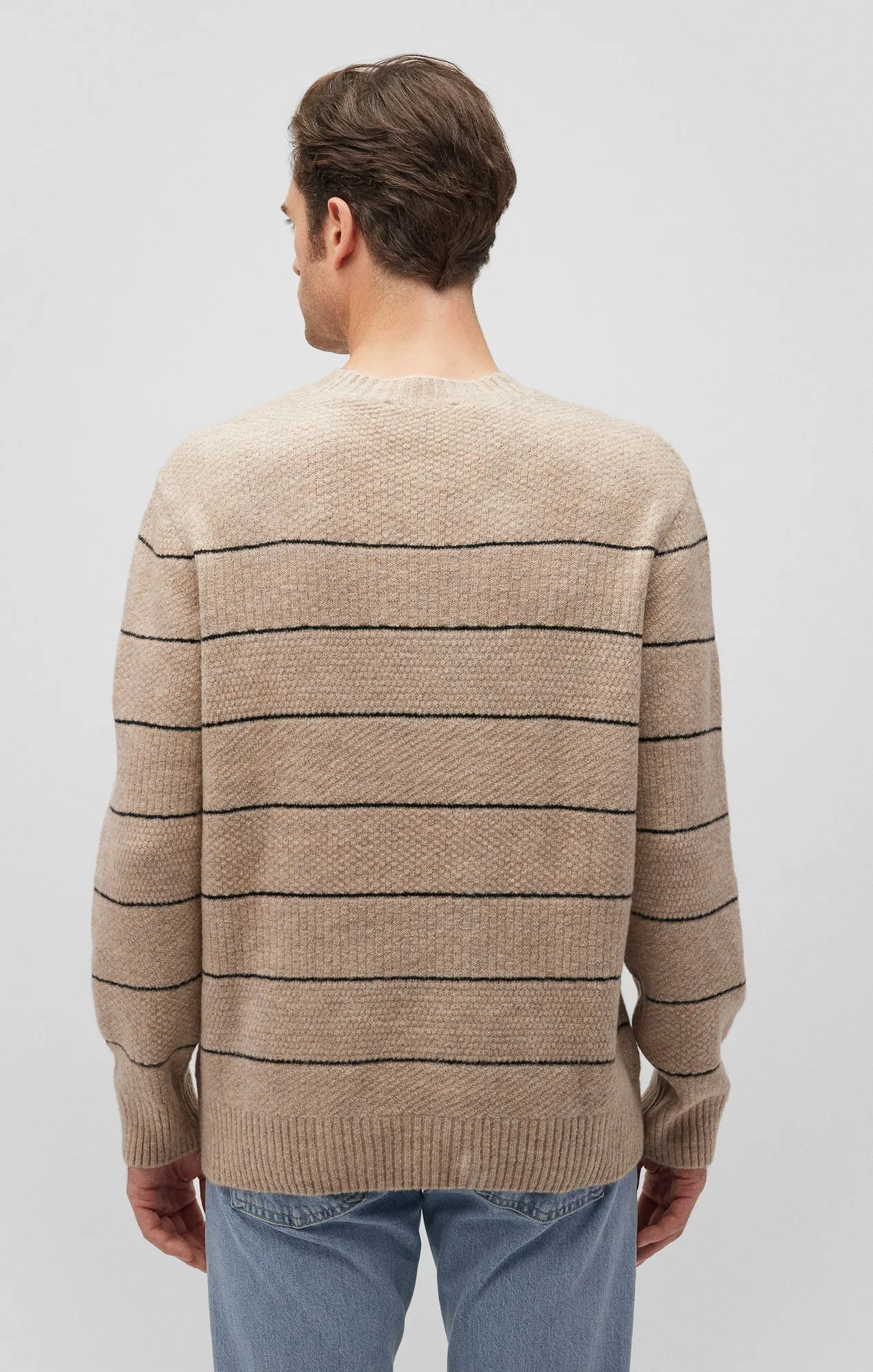 STRIPED CREW NECK SWEATER IN OATMEAL MELANGE