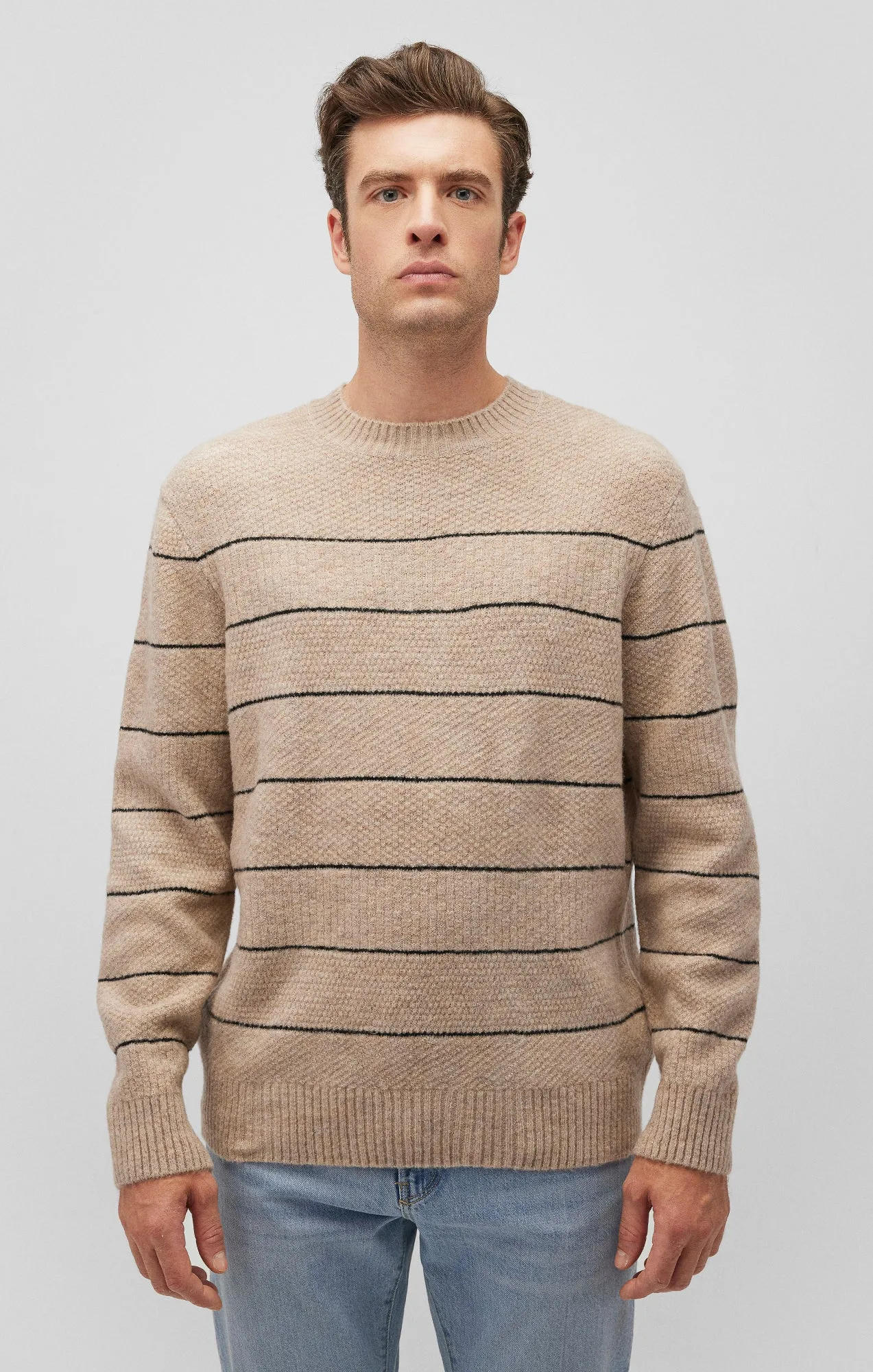 STRIPED CREW NECK SWEATER IN OATMEAL MELANGE