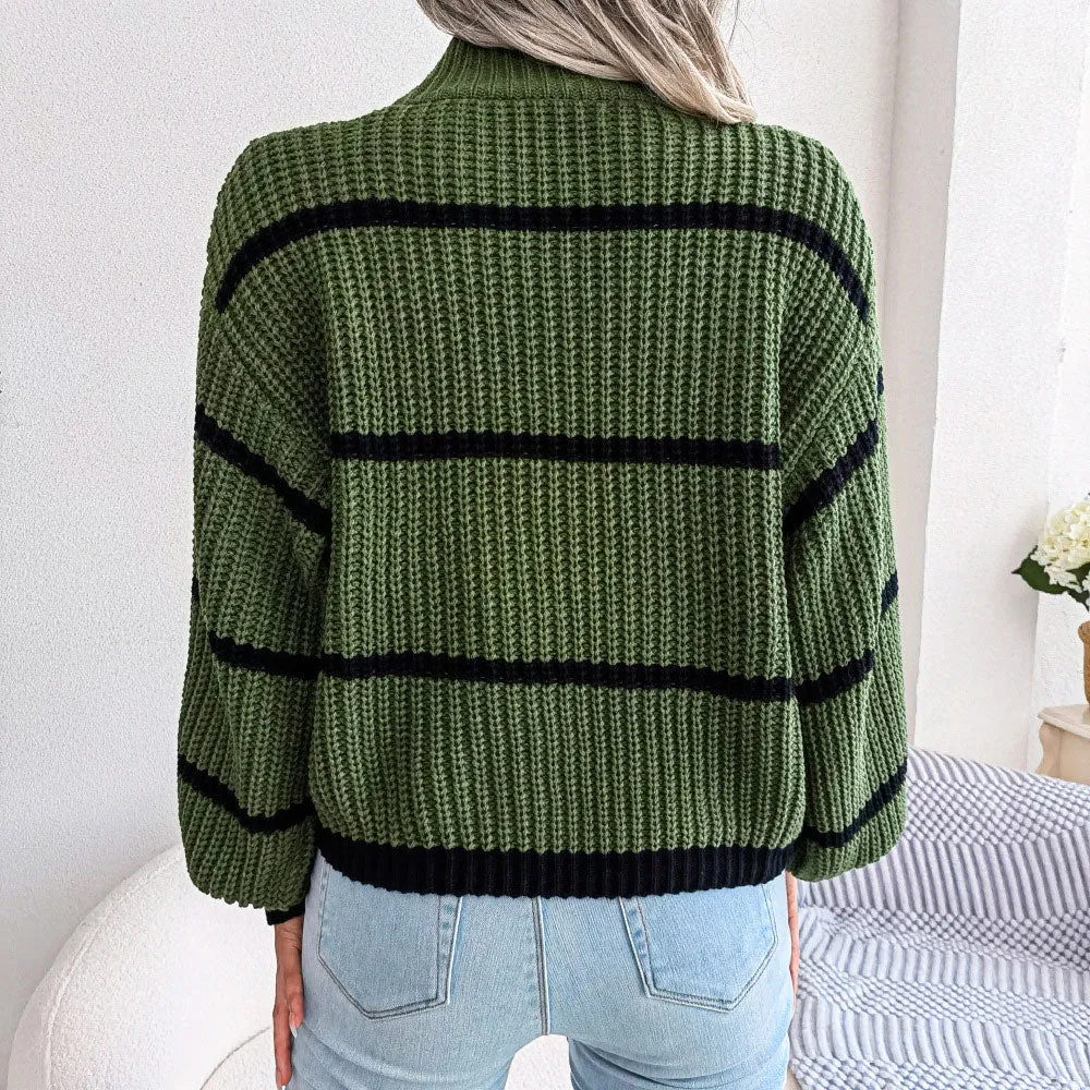 Trendy High Neck Balloon Sleeve Brioche Knit Striped Sweater