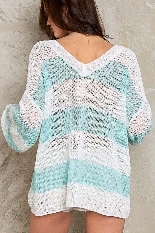 V-Neck Stripe Thin Sweater - POL