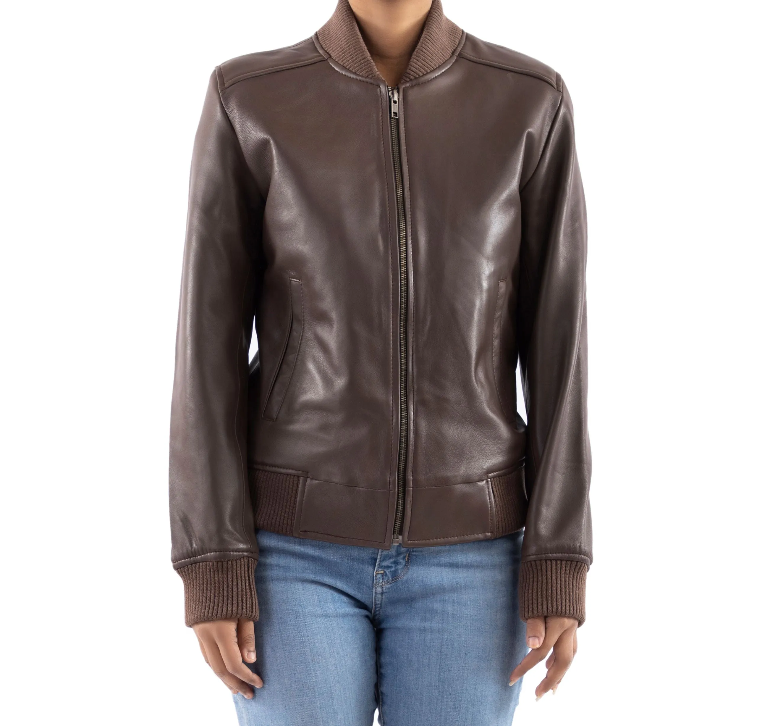 Womens Bomber Leather Jacket-Brown