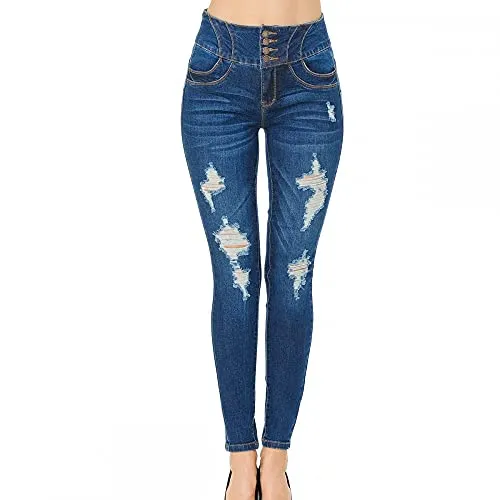 Women's Push-Up High-Rise Skinny Distressed Tummy Tucking Butt Lifting Denim Pants