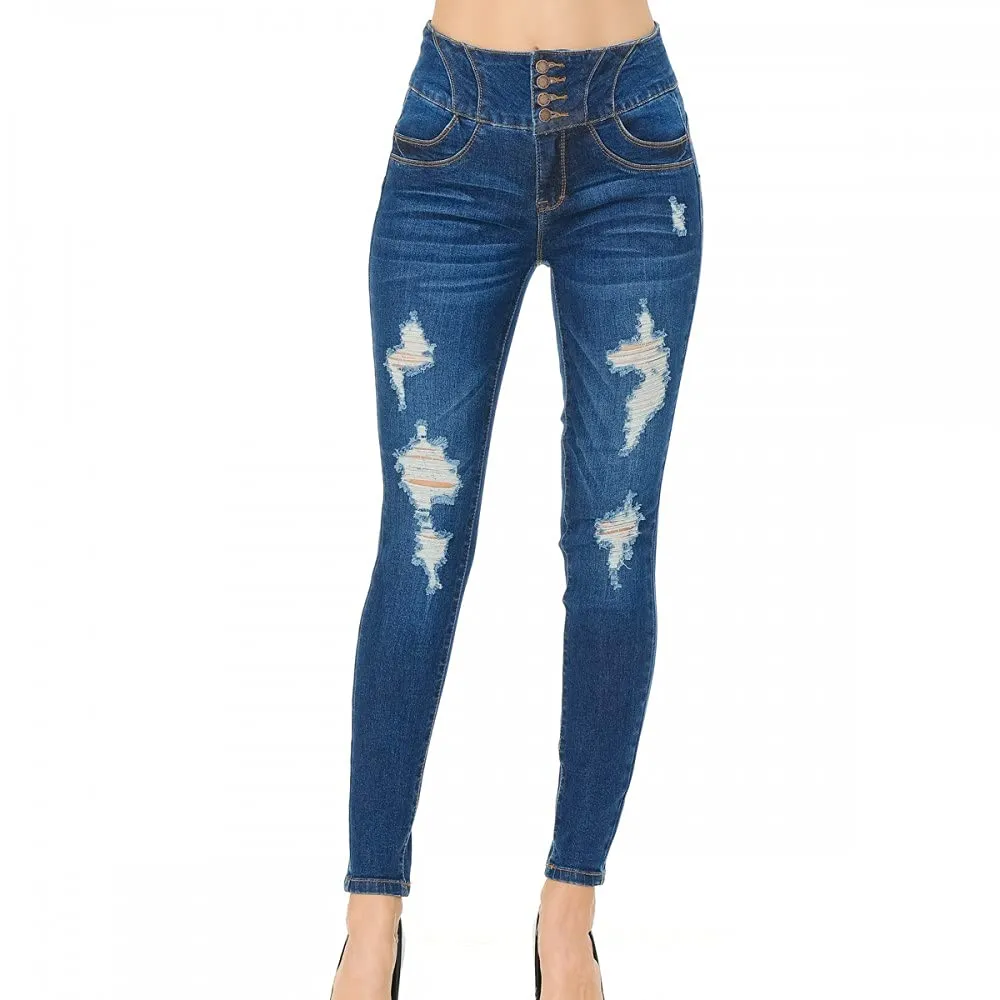 Women's Push-Up High-Rise Skinny Distressed Tummy Tucking Butt Lifting Denim Pants