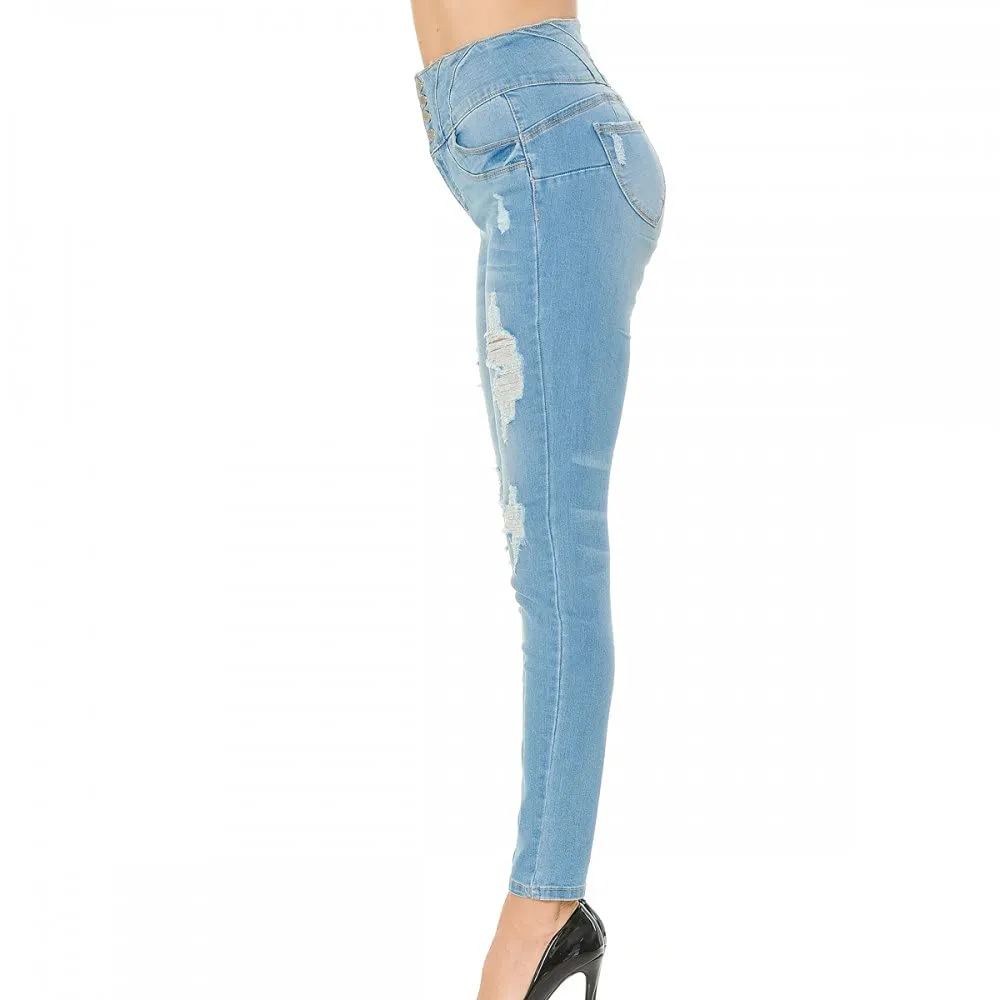 Women's Push-Up High-Rise Skinny Distressed Tummy Tucking Butt Lifting Denim Pants