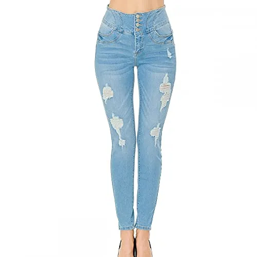 Women's Push-Up High-Rise Skinny Distressed Tummy Tucking Butt Lifting Denim Pants