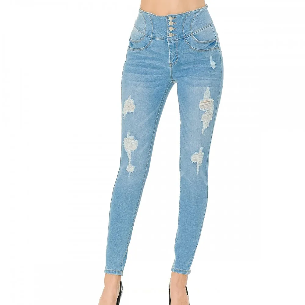 Women's Push-Up High-Rise Skinny Distressed Tummy Tucking Butt Lifting Denim Pants