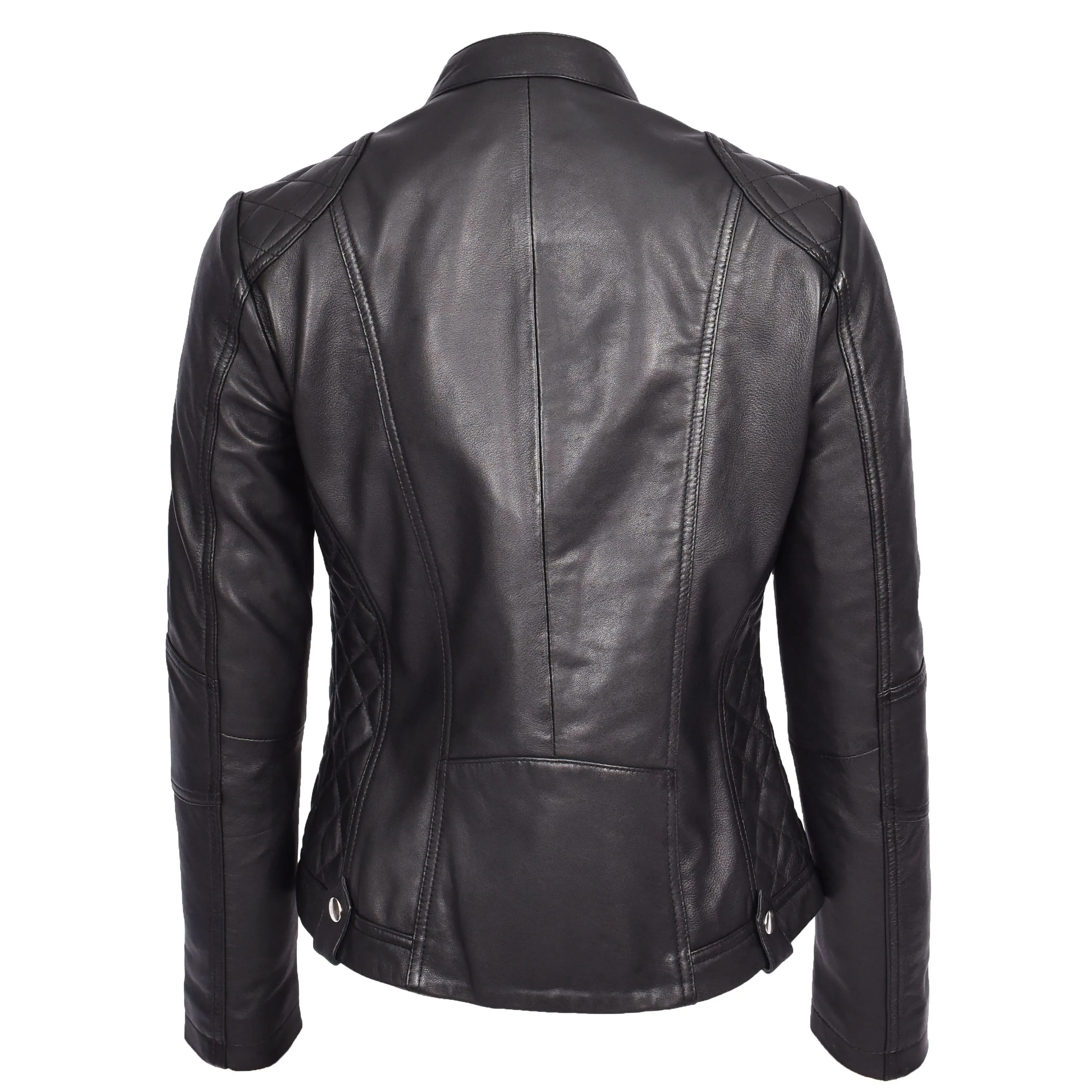 Womens Soft Black Leather Biker Jacket Fitted Quilted Casual Cafe Racer Style Zip Fasten Fiona