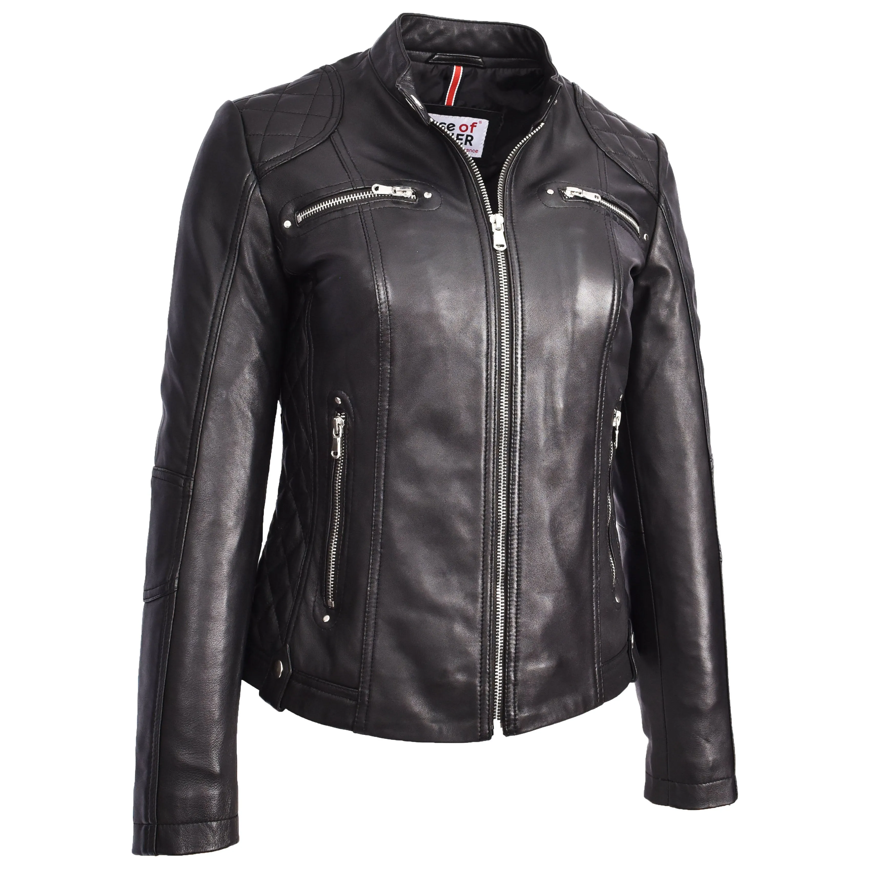 Womens Soft Black Leather Biker Jacket Fitted Quilted Casual Cafe Racer Style Zip Fasten Fiona