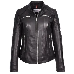 Womens Soft Black Leather Biker Jacket Fitted Quilted Casual Cafe Racer Style Zip Fasten Fiona