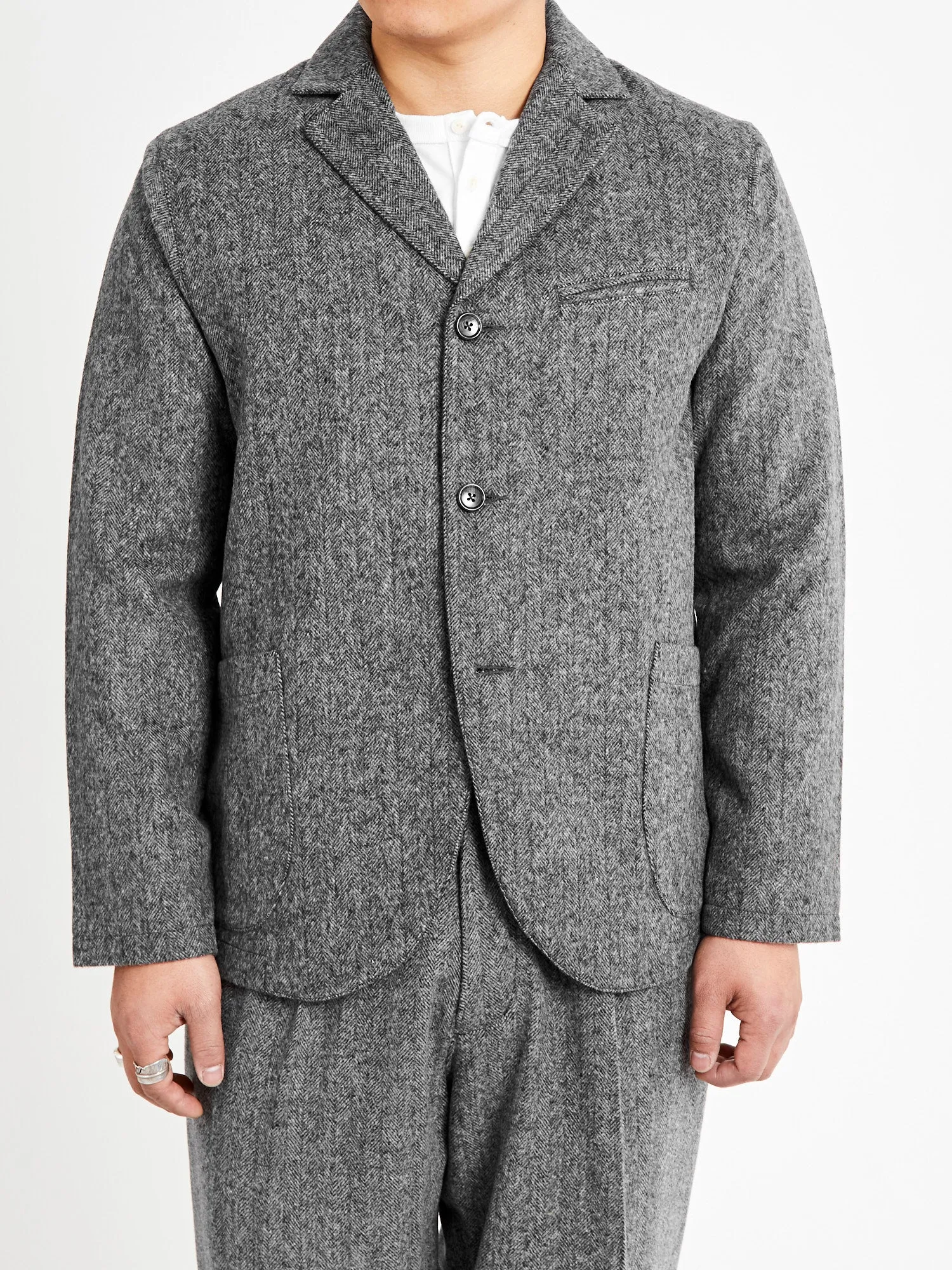 Wool Tailored Jacket in Black Herringbone