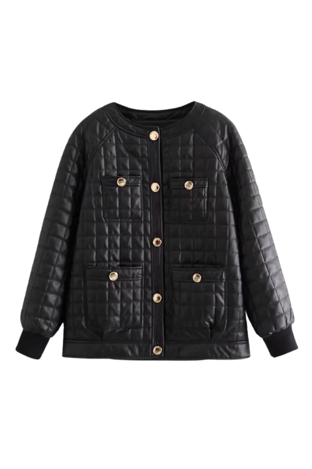 'Wynne' Faux Leather Round Neck Quilted Jacket